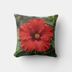 Vibrant Red Hibiscus Tropical Bloom Throw Pillow