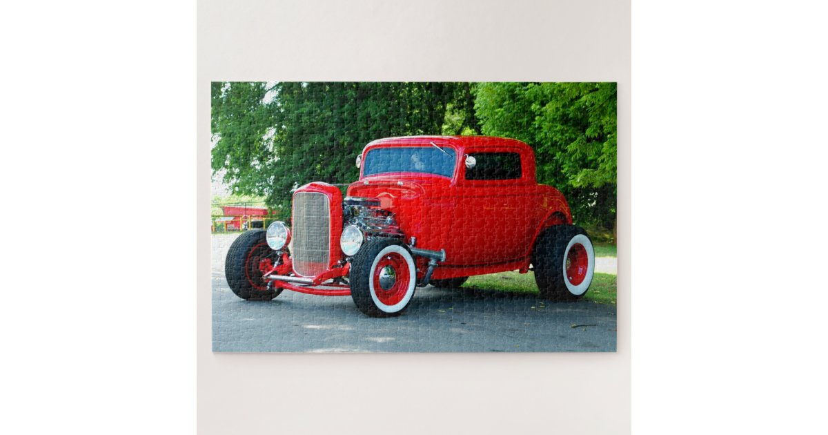 Vibrant Red HotRod car Jigsaw Puzzle Zazzle
