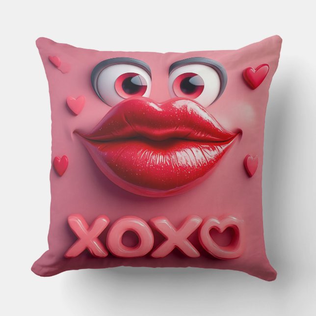 Vibrant Red Lips With XOXO Design Throw Pillow (Front)
