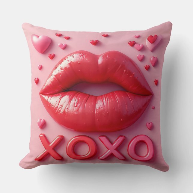 Vibrant Red Lips With XOXO Design Throw Pillow (Front)