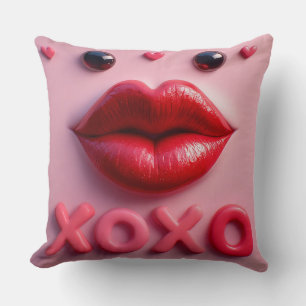 Vibrant Red Lips With XOXO Design Throw Pillow