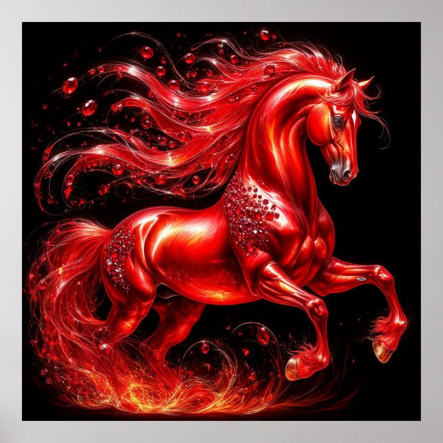 Vibrant Red Mythical Horse with Fiery Mane Poster (Front)