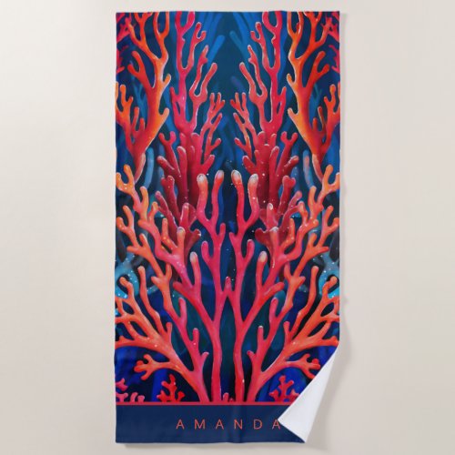 Vibrant Red Ocean Coral Personalized Beach Towel