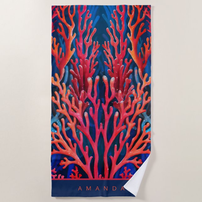 Vibrant Red Ocean Coral Personalized Beach Towel (Front)