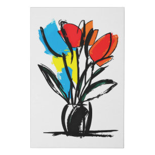 Vibrant Red Orange Tulips Bold Black Line Floral Faux Canvas Print