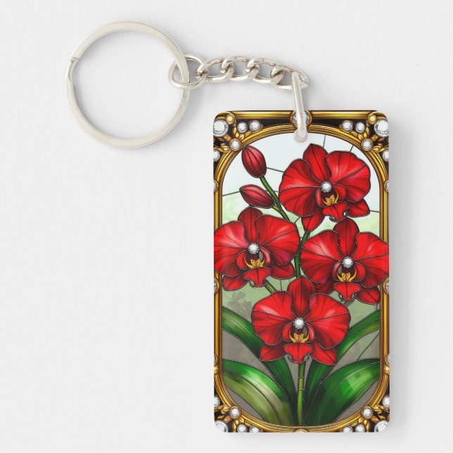 Vibrant Red Orchids in Ornamental Gold Frame Keychain (Front)