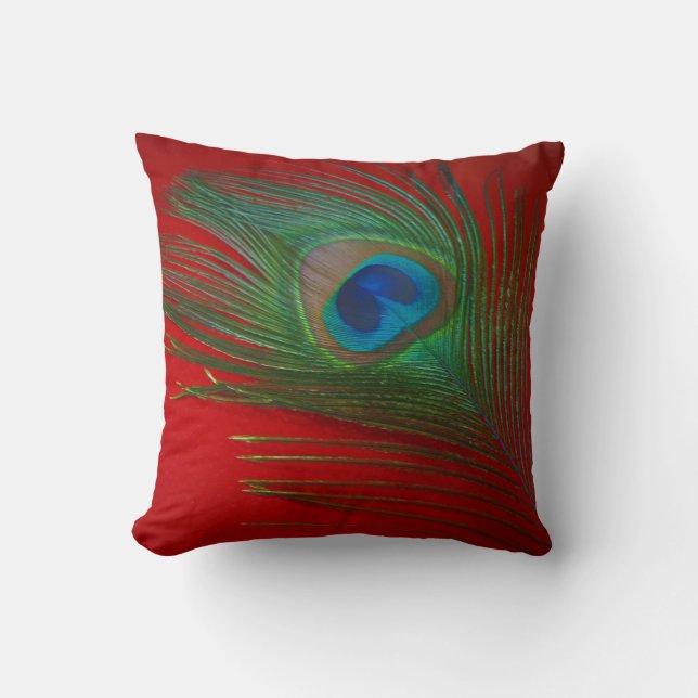 Vibrant Red Peacock Feather Throw Pillow (Front)