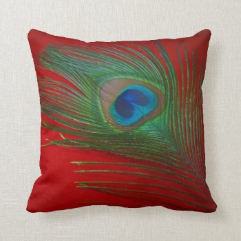 Vibrant Red Peacock Feather Throw Pillow by Peacocks at Zazzle