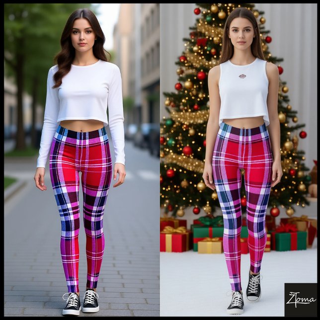 Vibrant Red Pink Aqua Modern Plaid Leggings (Creator Uploaded)