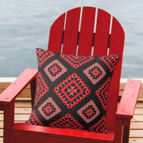 Vibrant Red Pink Black Ethnic Geometric Pattern Outdoor Pillow
