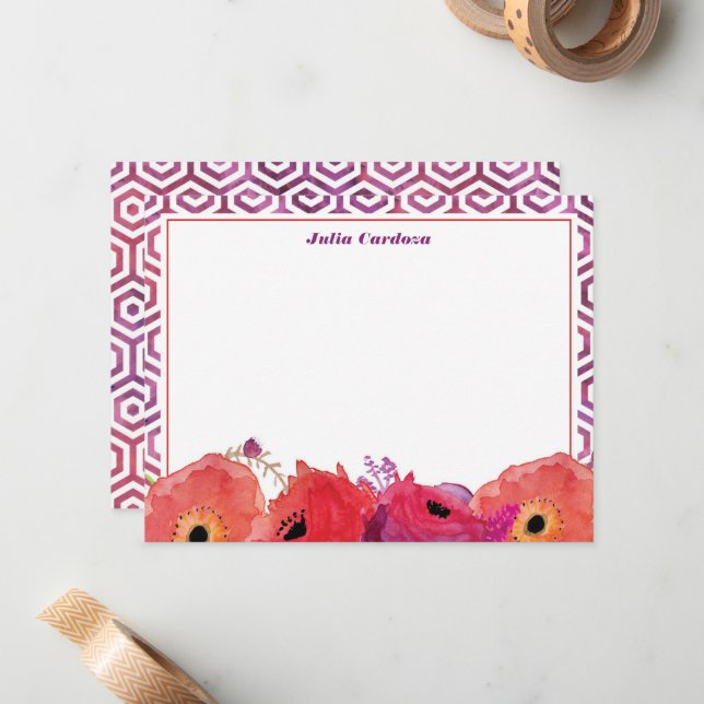 Vibrant Red Pink Watercolor Flowers Note Card (Front/Back In Situ)