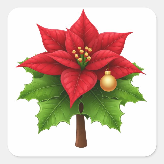 Vibrant Red Poinsettia Flower with Green Leaves Square Sticker (Front)