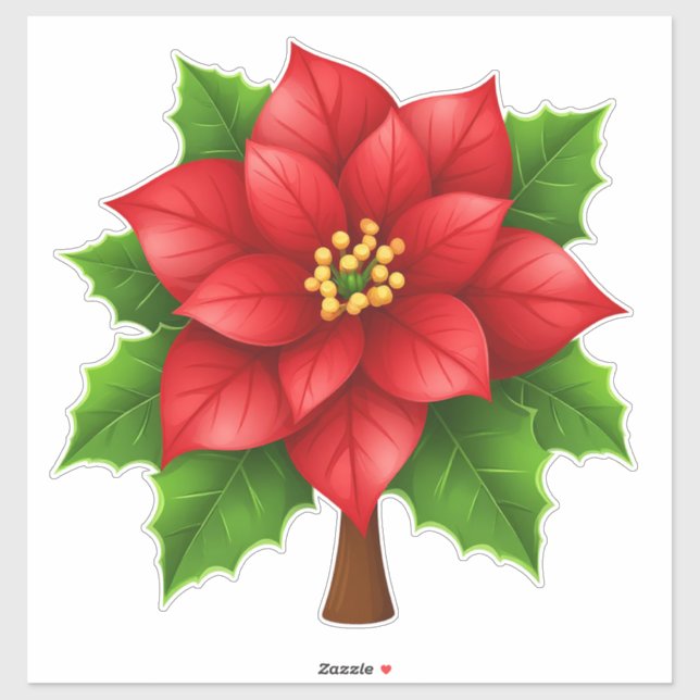 Vibrant Red Poinsettia Flower with Green Leaves Sticker (Sheet)