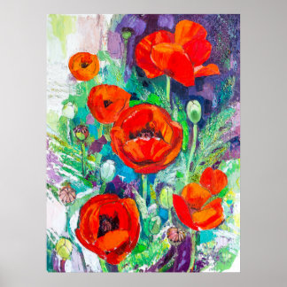 Vibrant Red Poppies Expressive Oil Painting Poster