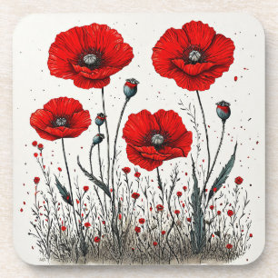 Vibrant Red Poppies Illustration Beverage Coaster