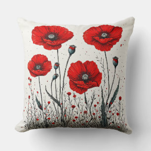 Vibrant Red Poppies Illustration Throw Pillow