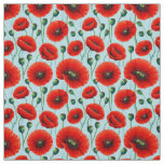 Vibrant Red Poppies on a Light Blue Background Fabric