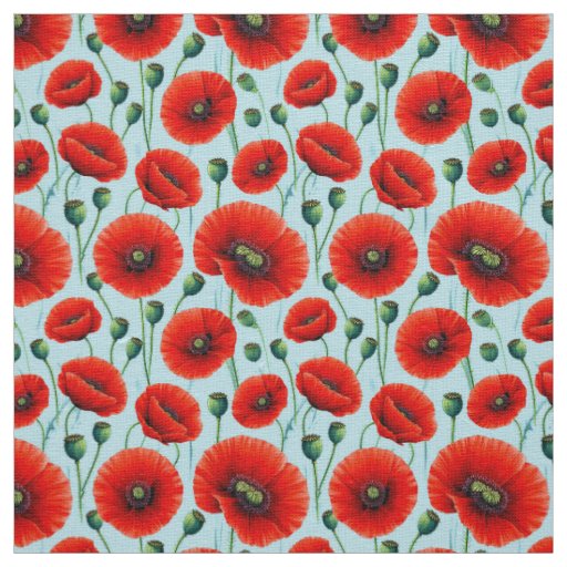 Vibrant Red Poppies on a Light Blue Background Fabric