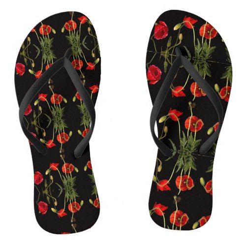 Vibrant Red Poppies On Black Flip Flops