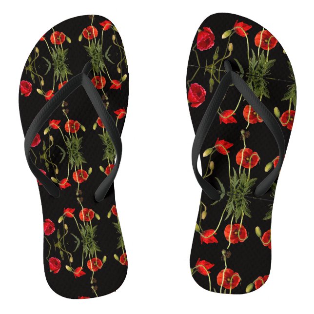 Vibrant Red Poppies On Black Flip Flops (Footbed)
