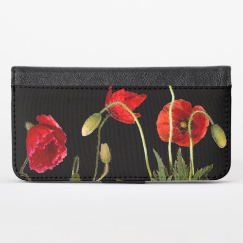 Vibrant Red Poppies On Black iPhone XS Wallet Case