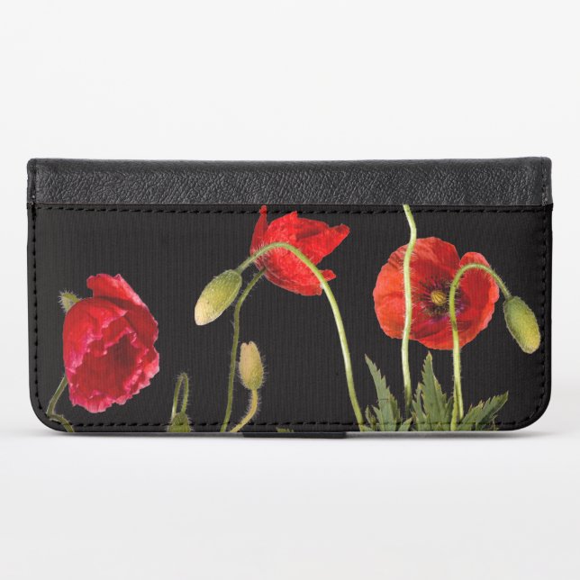 Vibrant Red Poppies On Black iPhone Wallet Case (Front (Horizontal))