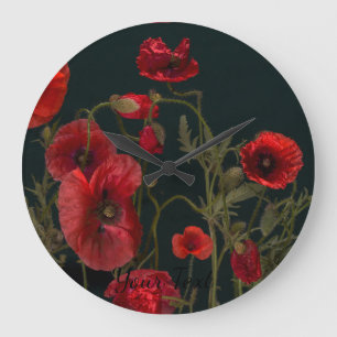 Vibrant Red Poppies On Black Large Clock