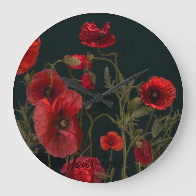 Vibrant Red Poppies On Black Large Clock (Front)