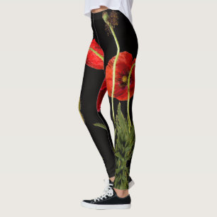 Vibrant Red Poppies On Black Leggings