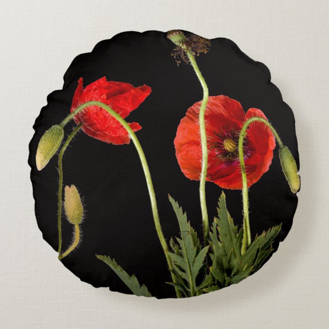 Vibrant Red Poppies On Black Round Pillow (Front)