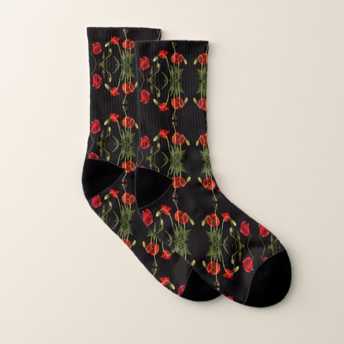 Vibrant Red Poppies On Black Socks