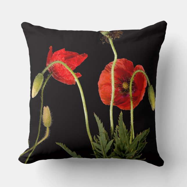 Vibrant Red Poppies On Black Throw Pillow (Front)