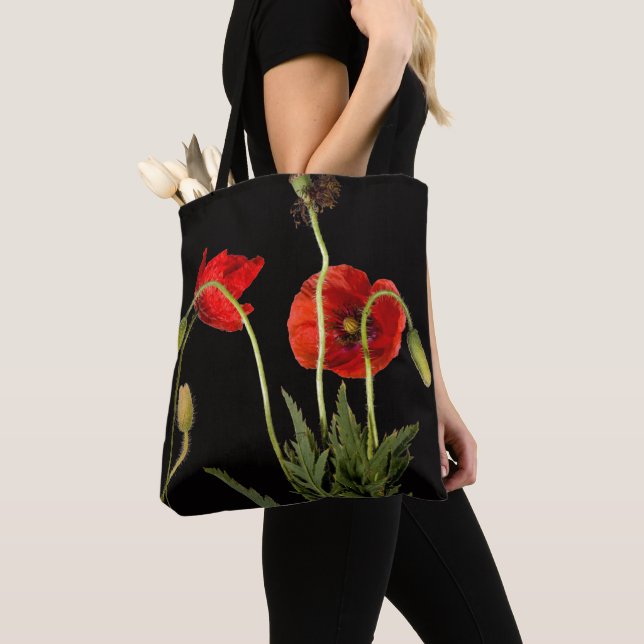 Vibrant Red Poppies On Black Tote Bag (Close Up)