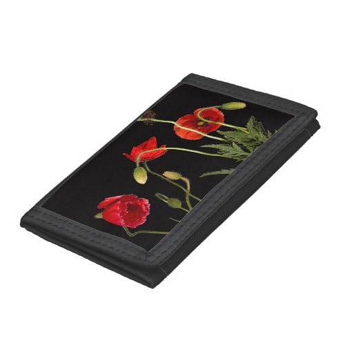 Vibrant Red Poppies On Black Trifold Wallet