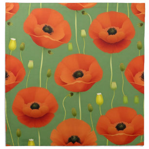 Vibrant Red Poppies Pattern on a Green Background Cloth Napkin