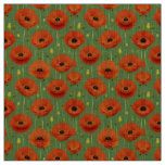 Vibrant Red Poppies Pattern on a Green Background Fabric