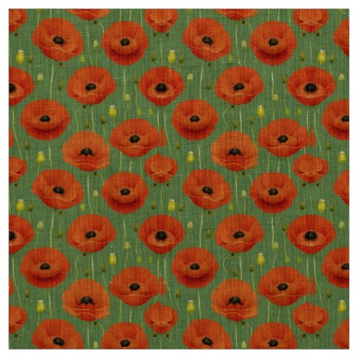 Vibrant Red Poppies Pattern on a Green Background Fabric