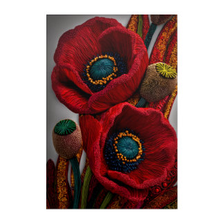 Vibrant Red Poppies – Textured Embroidery Style Acrylic Print