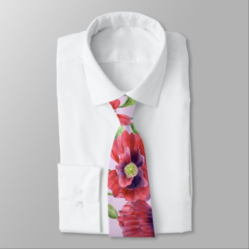 Vibrant Red Poppies Watercolor Floral Pattern Neck Tie