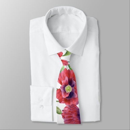Vibrant Red Poppies Watercolor Floral Pattern Neck Tie