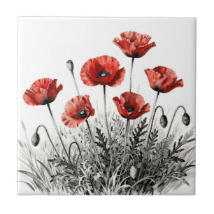 Vibrant Red Poppy Flower Meadow Ceramic Tile