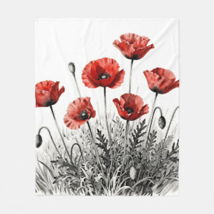 Vibrant Red Poppy Flower Meadow Fleece Blanket