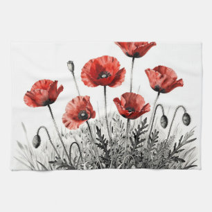 Vibrant Red Poppy Flower Meadow Kitchen Towel