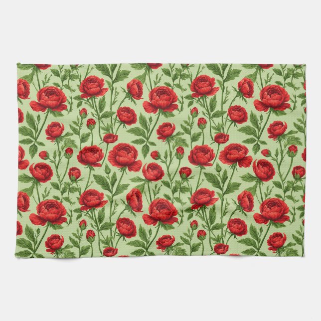 Vibrant Red Ranunculus Floral Pattern Kitchen Towel (Horizontal)