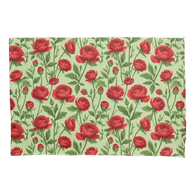 Vibrant Red Ranunculus Floral Pattern Pillow Case (Front)
