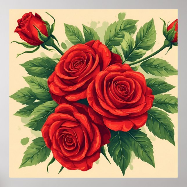 Vibrant Red Rose Bouquet Poster (Front)