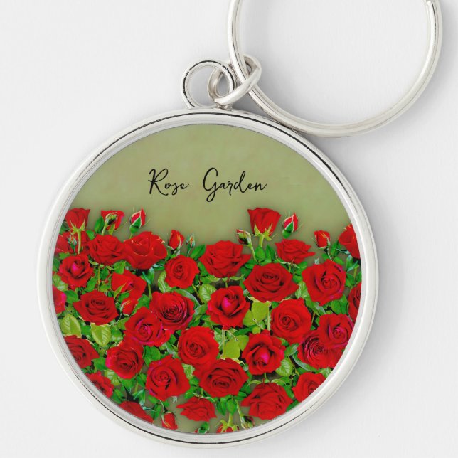 Vibrant Red Rose Garden Floral Pattern Keychain (Front)