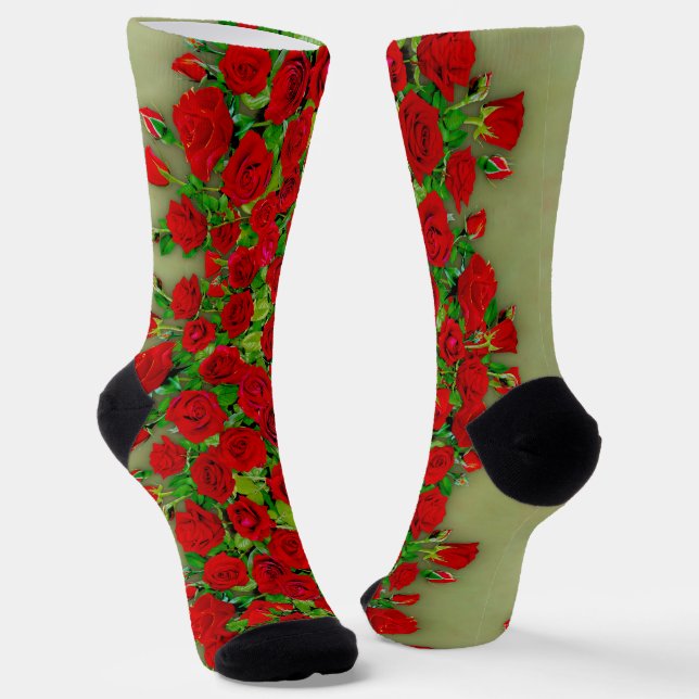 Vibrant Red Rose Garden Floral Pattern Socks (Angled)