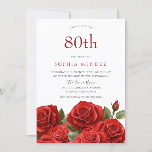 Vibrant Red Roses 80th Birthday Party Invitation