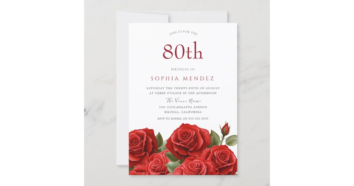 Vibrant Red Roses 80th Birthday Party Invitation | Zazzle